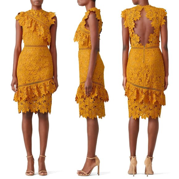 NEW SAYLOR Reine Mustard Yellow Sheath Midi Dress XS Lace Open Back Ruffle  $264 - Picture 3 of 15
